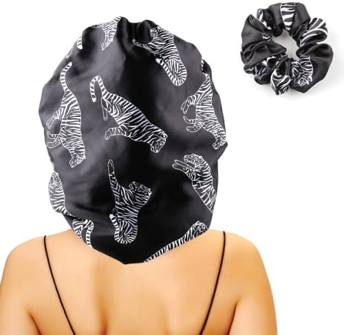 Large Round Satin Bonnet with Adjustable Elastic Band, Silver Tiger Black Sleep Cap for Curly Natural Hair Women, Frizz-Free Night Hair Protector, 1 Pack by senthair