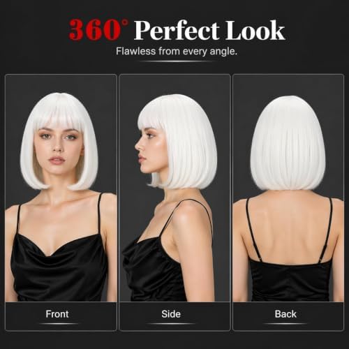 Short Pure White Bob Wig with Bangs for Women - Image 2