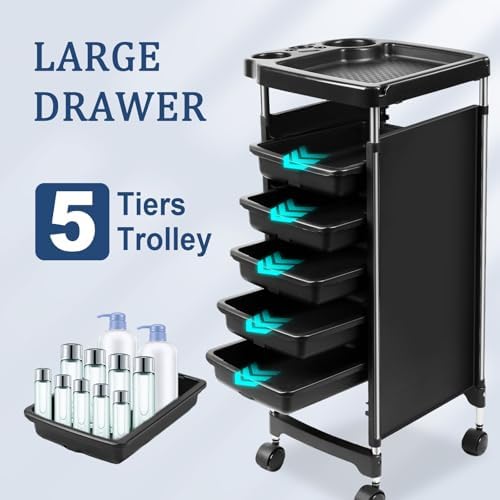 Professional Salon Trolley Cart, 5-Drawer Rolling Storage Organizer, Black, 35.4" Height with Wheels (Black-T28) - Image 5