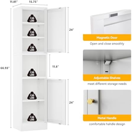 YAUWOH 2-Door Metal Storage Cabinet, Tall Slim Pantry Organizer with 3 Adjustable Shelves (120LBS/Shelf), Anti-Tipping Waterproof Cabinet for Bathroom/Kitchen/Home Office/Small Spaces, (1PC,White) - Image 3