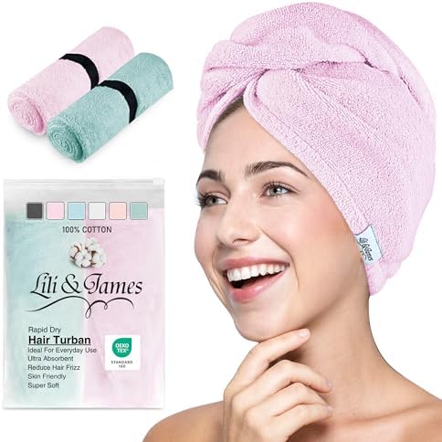 Lili&James 100% Cotton Hair Towel Wrap for Women & Kids – 420 GSM Quick Dry Hair Turban with Double Button Loop, Anti Frizz Non Microfiber Hair Drying Towel for Curly, Long & Thick Hair (Lilac+Aqua) by LiliJames