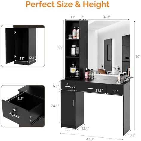 OmySalon Salon Station with Mirror, Locking Barber Station for Hair Stylist, Wall Mount Cabinet with Hair Dryer Holders & Open Shelves, for Barbershop Beauty Spa, Black - Image 5