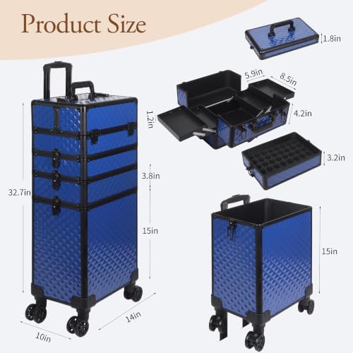 5 in 1 Rolling Makeup Train Case Professional Cosmetic Trolley Large Storage Organizer on Wheels for Hairstylist Artist Nail Beauty Salon Barber Blue - Image 6