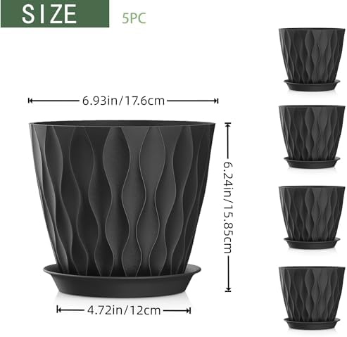 7 Inch Plant Pots 5 Pack, Flower Planters with Drainage Holes and Trays,Plastic Pots for Indoor Outdoor Plants,Black - Image 2