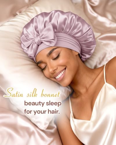 BONNET QUEEN Silk Bonnet for Sleeping Women Satin Bonnet Night Sleep Cap Wrap for Curly Hair with Adjustable Tie Band, Single Layer, Grey Rose Gold - Image 2