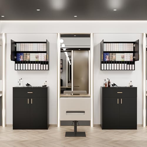 Salon Staion Hair Color Bar Organizers, Hair Color Rack, Barber Station Cabinet with Drawers & Adjustable Shelves, Wall Mounted Tube Storage Station for Salon Display, Black - Image 2