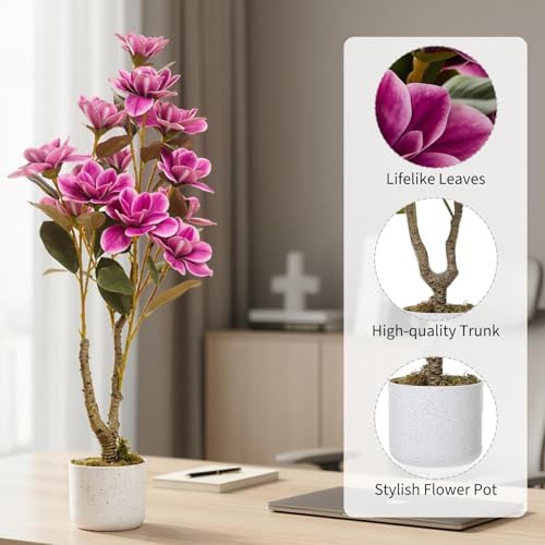 3FT Artificial Magnolia Tree with Pot, Faux Flower Tree with Pink Magnolia Blooms and Green Leaves, Potted Artificial Plant for Living Room, Bedroom, Office, Entryway, Store, Home Dector - Image 3