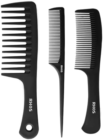 RHOS Comb Set for Women and Men, 3 Pieces - Wide Tooth, Rat Tail, Dresser Hair Combs - Detangling Hair Combs for All Hair Types - Black by RHOS