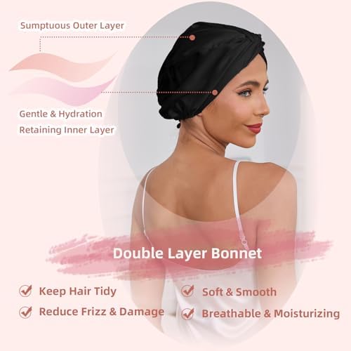 Adjustable Silk Satin Hair Bonnet for Sleeping Women, Double Layer, Silk Hair Wrap for Sleeping Women Men, Curly Natural Braid Straight Unisex - Black - Image 3