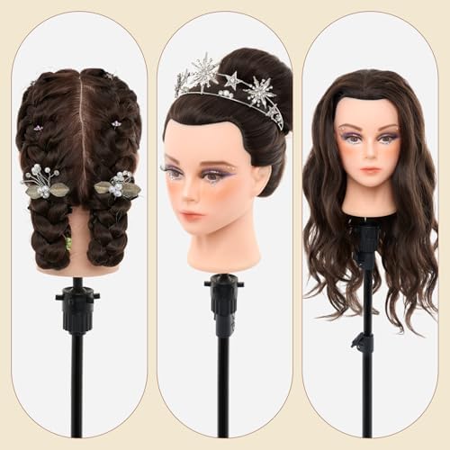 28Inch 80% Real Hair Mannequin Head - Cosmetology Mannequin Head with Hair for Makeup Braiding Makeup Curling Cuting, Make up Doll Head for Styling with Table Clamp hair Styling Set (Dark Brown) - Image 6