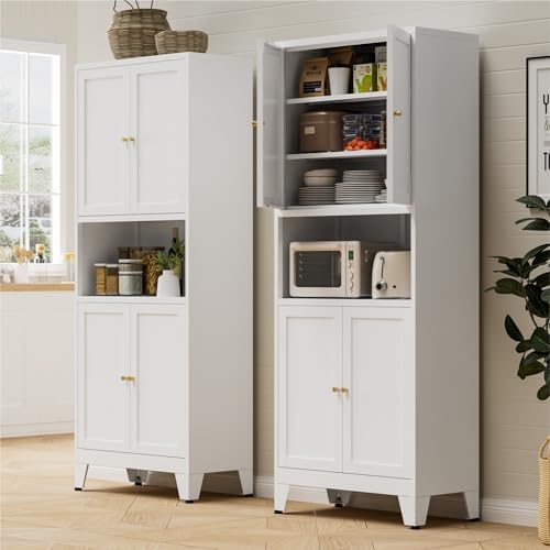 Bevivog 69" Tall Pantry Cabinet, Metal Kitchen Storage Cabinet with 4 Doors and 5 Shelves, Freestanding Metal Pantries Cupboard with Microwave Shelf for Kitchen,Dining Room,Bathroom,Laundry - Image 4