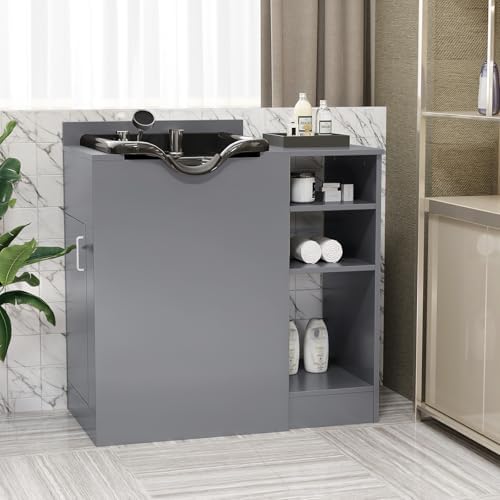 OmySalon Shampoo Bowl with Cabinet, Portable Salon Hair Washing Station with Adjustable Shelf, UPC Certified Faucet, Freestanding Backwash Sink for Barber, Beauty Salon, Spa, Grey - Image 2