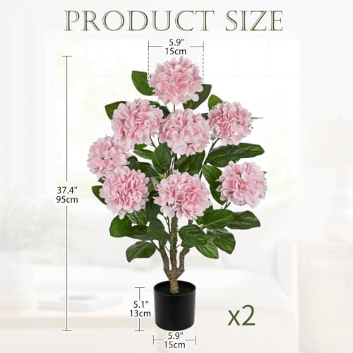 3FT Pink Hydrangea Artificial Flowers Tree 2 Pack Large Real Touch Faux Silk Hydrangea Plants Potted Fake Flower in Black Pot for Home Indoor Outdoor Front Porch Garden Entrance Living Room Decor - Image 2