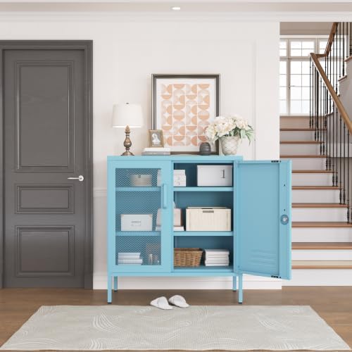 Lockable Metal Storage Cabinet Locker, Multifunctional Versatile Display Storage Lockers with Adjustable Shelves and Mesh Door, Durable Metal Side Table Furniture for Restaurant Home Office Blue - Image 7