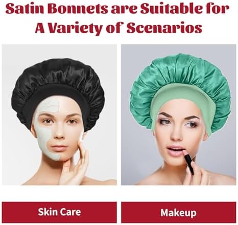 ZHENSILK 2Pcs Silk Bonnet for Sleeping, Satin Hair Bonnets, Soft Elastic Band Silk Sleep Cap, Hair Wrap for Women (Black Green) - Image 4