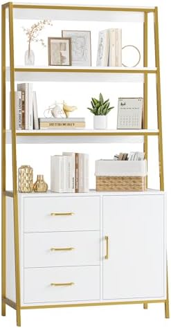 HITHOS White Gold Bookshelf, 69" H Ladder Book Shelf with Drawers & Shelves by HITHOS