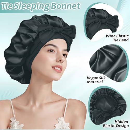 Silk Bonnet for Sleeping Women, Ajustable Hair Bonnet for Curly Hairs Satin Bonnet Reduce Friction Prevent Frizz Black，Large - Image 5