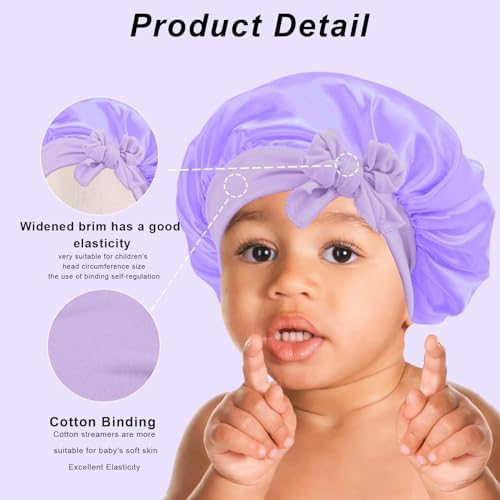 3Pcs Kids Silk Satin Bonnet for Sleeping - Baby Hair Sleep Bonnet,Kids Bonnets for Girls Toddler Child with Wide Elastic Tie Band,Night Cap Hats for Curly Natural Hair(Purple+Blue+Gold) - Image 3