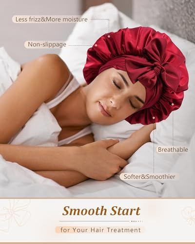 Satin Bonnet for Sleeping Women Silk Sleep Bonnet for Curly Hair Wrap with Elastic Tie Band Night Cap Wine Red - Image 4