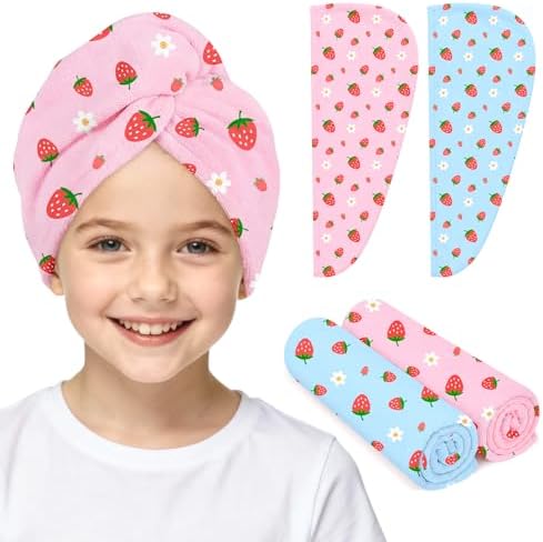 Microfiber Hair Towel Wrap for Kids 2 Pack Quick Drying Hair Towels with Button Hair Turbans for Wet Hair Absorbent Quick Dry Wraps Head Towel Wrap for Women and Girls, Pink Blue Strawberry by ArthomaHige