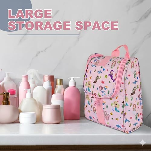 Remobia Hicol Cute Cartoon Hanging Kids Toiletry Bag Children Travel Cosmetic Makeup Organizer Wash Bag Shower bag Over Night Bag Camping Shaving Kit Bag for Boys & Girls (Mermaid Pink) - Image 6