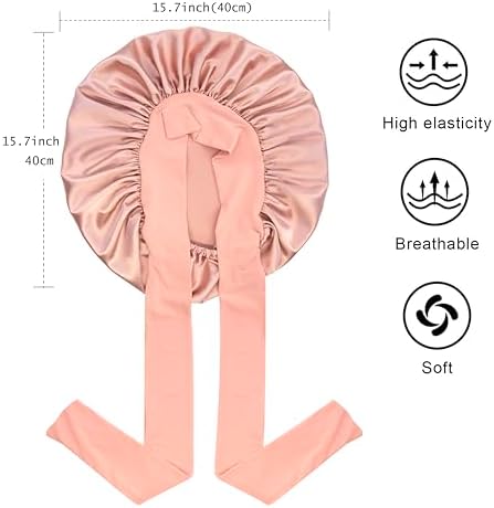 Satin Silk Hair Bonnet for Sleeping Large Bonnets with Tie Band Wrap with Adjustable Straps Night Sleep Caps for Women Curly Braid Hair Blush Pink - Image 3