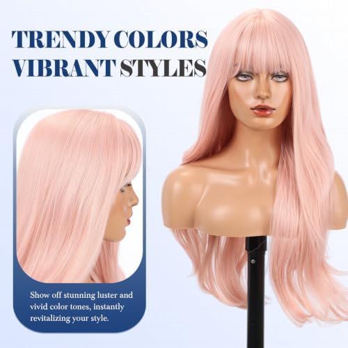 HAIRCUBE Long Baby Pink Highlights Wig with Bangs Layered Curly Wigs for Women Natural Synthetic Wigs for Daily Use (pelucas de cabello natural) - Image 5