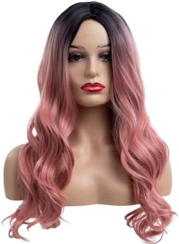 Long Curly Wavy Ombre Pink Wig for Women Synthetic Replacement Costume Halloween Natural Hair Wigs for Daily Use - Image 2