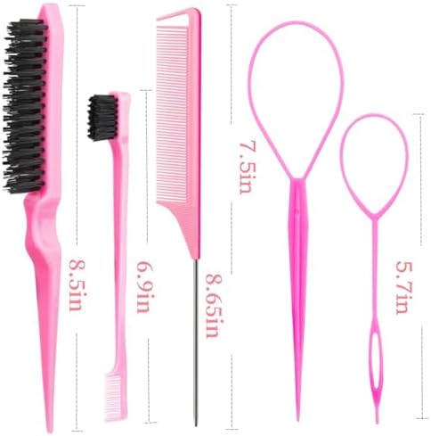 25Pcs Hair Styling Combs Set Include 10 Pcs Topsy Hair Tail Tools 5pcs Rat Tail Comb,5 Bristle Teasing Slick Back hair Brush,5 Edge Control Brush,Eyebrow Brush for Woman Girl Pink - Image 3