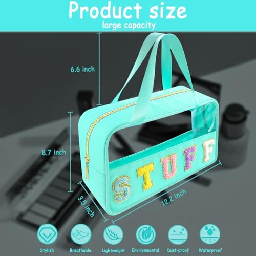 Bunliuys Chenille Letter Clear Makeup Bag Stuff Patch, Travel Toiletry Makeup Bag with Handle, Nylon Waterproof Makeup Bags clear cosmetic bag, preppy patch makeup bag for Women (STUFF-Mint Green) - Image 2