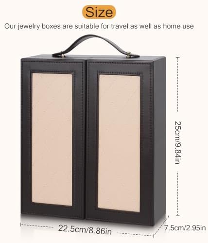 DesignSter Jewelry Box for Women, Jewelry Storage with Mirror, Travel Jewelry Organizer with Handle for Stud Earrings, Rings, Necklaces, Bracelets(Black Brown & Apricot) - Image 2