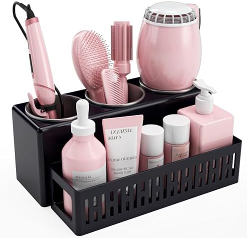 Hair Tool Organizer, Detachable Hair Dryer Holder with 3 Stainless Steel Cups, Wall Mounted Bathroom Organizers and Storage for Accessories, Curling Irons, Straighteners, Toiletries, Makeup by LATTYSY