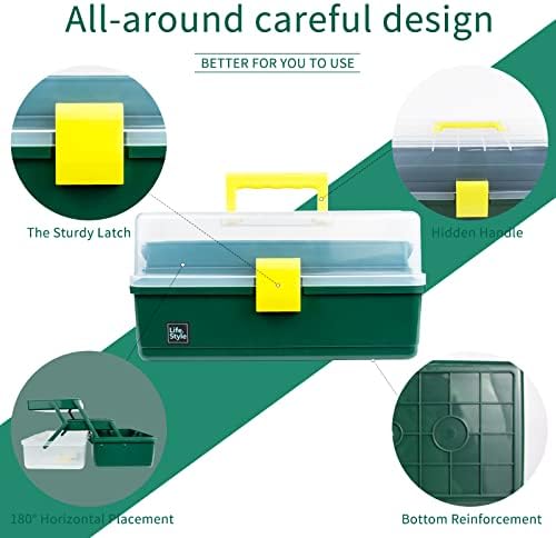 Creahaus 13 inch Art Craft Organizer Storage Box with 3 Layer, Multipurpose Plastic Tool Box with Handle for Sewing, Art Supply, Medicine, Nail, Hair Accessories (Dark Green) - Image 3