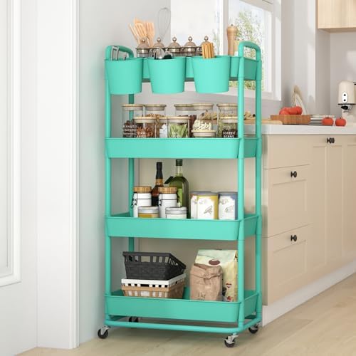 JIUYOTREE 4-Tier Plastic Rolling Storage Cart Utility Cart with Extra Hanging Cups Handles Lockable Wheels for Living Room Bathroom Kitchen Office Green - Image 6