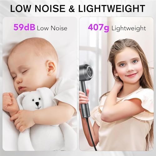 aowoka Hair Dryer, 160000 RPM Professional High Speed Ionic Blow Dryer 500 Million Negative Ions & Heat-Control & Low Noise Hairdryer for Faster Drying, No Heat Damage, Travel with Diffuser（Grey） - Image 4