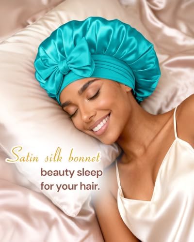 BONNET QUEEN Double Layer Silk Bonnet for Sleeping for Women Satin Lined Bonnet Night Cap for Curly Hair with Tie Band, Single Layer, Aqua Blue - Image 2