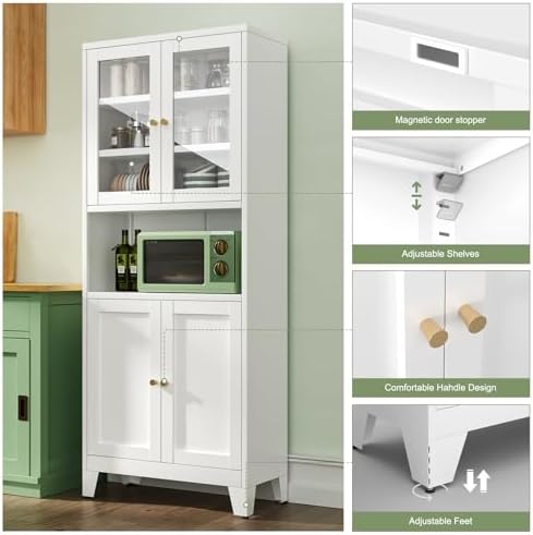 Bevivog 69" Pantry Cabinet,Tall Metal Storage Cabinet with 2 Glass Doors, Freestanding Display Cupboard Tall Bathroom Linen Cabinets with 5 Shelves Storage for Living Room Kitchen Pantry - Image 3