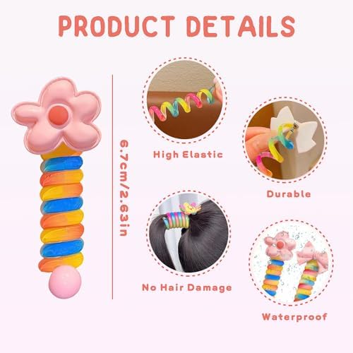 YONOY Colorful Telephone Wire Hair Bands for Kids, 7 Pcs Bowknot Braided Spiral Hair Ties, Ponytail Cord Hair Ties for Girls, No Damage Hair Elastics - Image 5
