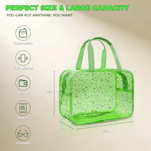 Large Clear Makeup Bag 12x5x8 Green Star Pattern - Waterproof PVC Travel Cosmetic Organizer with Handle, Durable Transparent Toiletry Case for Women Girls Travel Gym Beach Storage - Image 2