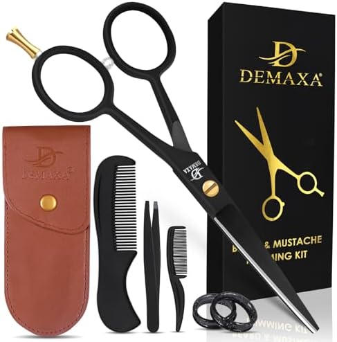 DEMAXA 5" Professional Mustache Scissors Beard Scissors for Men with Fine tip Tweezers 1 Mustache Comb 1 Beard Comb & Pouch – Beard Trimming kit & Mustache Kit (Black Shears With Tweezer) by DEMAXA