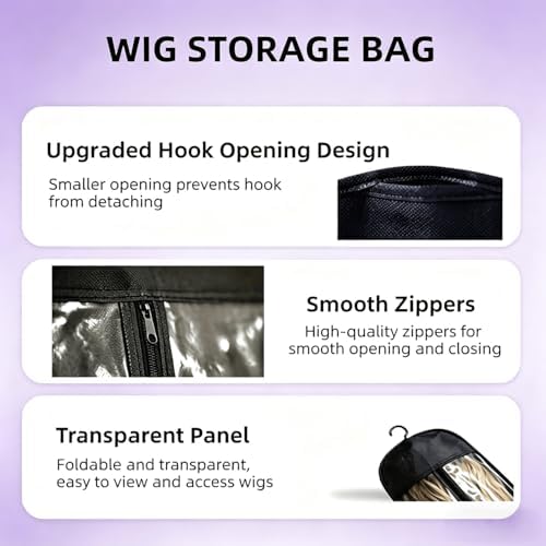 6PCS Wig Storage Bags with Hanger,Hair Extension Holder for Multiple Wigs, Dust-proof, Ideal for Hair Extensions & Accessories (Purple) - Image 6