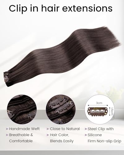 LaaVoo Clip in Hair Extensions Human Hair Cool Brown - Image 3