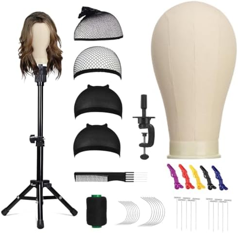 SZCY LLC 22 Inch Wig Head, 47inch Wig Stand Tripod with Heads, Canvas Block Head Mannequin Head Stand Wigs Display Styling Head With Mount Hole, Manikin Canvas Head Block Set for Wigs Making Display by SZCY+LLC