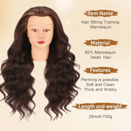 28 Inch Mannequin Head with 80% Human Hair Face Mannequin Head for Hair styling Practice - Curling, Braiding, Cutting Multiple Hair Colors with Table Clamp Stand for Kids and Professionals - Image 2