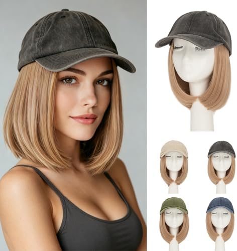 Rich Choices Hat Wigs for Women,Dark Gray Baseball Cap with Hair Extensions for Women,Short Bob Hairstyle Caps with Synthetic Hair Attached Adjustable Baseball Cap Wig 6 Inch Light Blonde Hair by RichChoices
