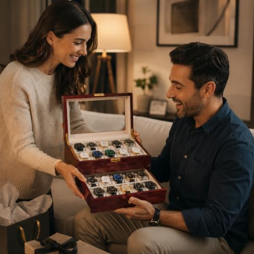 High End 20 Slot Rosewood Watch Box for Men, 2 Tier Watch Organizer with Glass Display Lid, Velvet Lined Watch Case Storage for Up to 45mm Watches, Luxury Watch Holder Gift for Collectors - Image 6