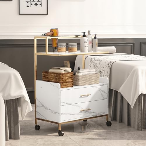 Salon Rolling Trolley with Lockable Wheels Barber Cart with Storage Drawer Mobile Hair Station Cabinet for Beauty Makeup Esthetician Spa Massage (White Marble+one Shelf+Two Drawers) - Image 2