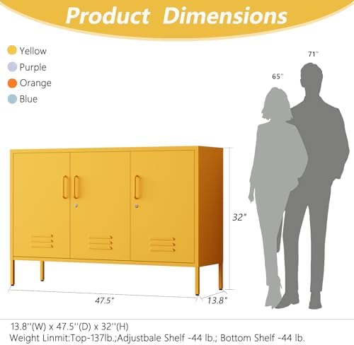 47.5" Wide Yellow Metal Storage Cabinet with Lock and Ventilated Doors, 2 Adjustable Shelves, Heavy Duty Home Metal Accent Locker for Kitchen Office Living Room Hallway - Image 2