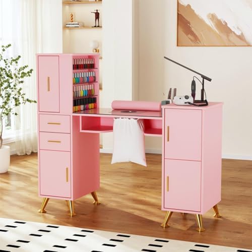 Kikihouse Nail Desk Manicure Table with Dust Collector & Glass Top (Pink) - Image 2