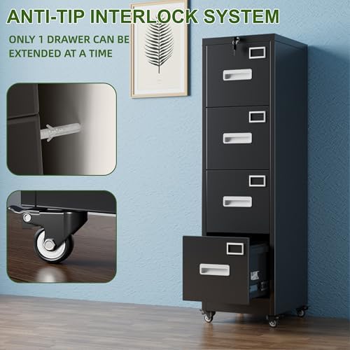 Aobabo 4 Drawer Metal File Cabinet with Lock and Wheels, Black - Image 5